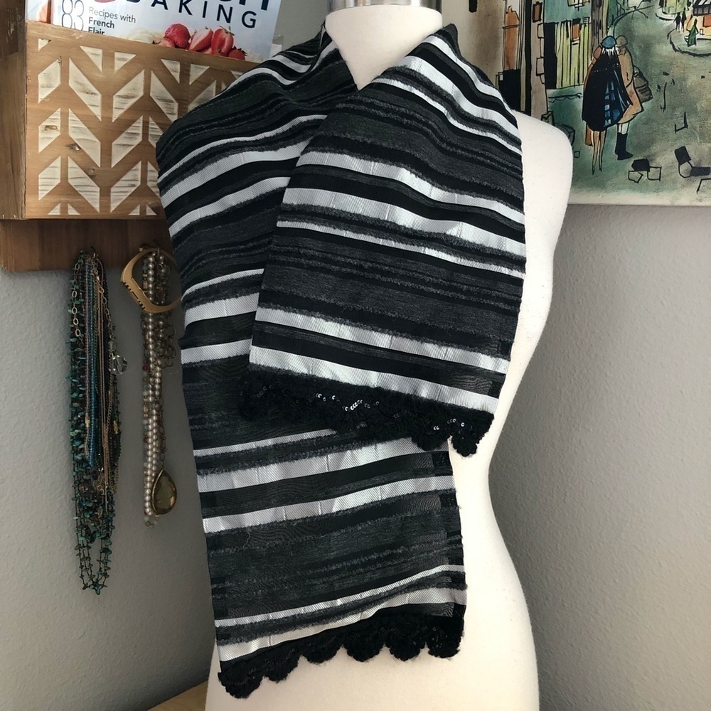 SEGALINI Wool Blend Sequined Scarf Unisex Black Silver & White Made in Italy